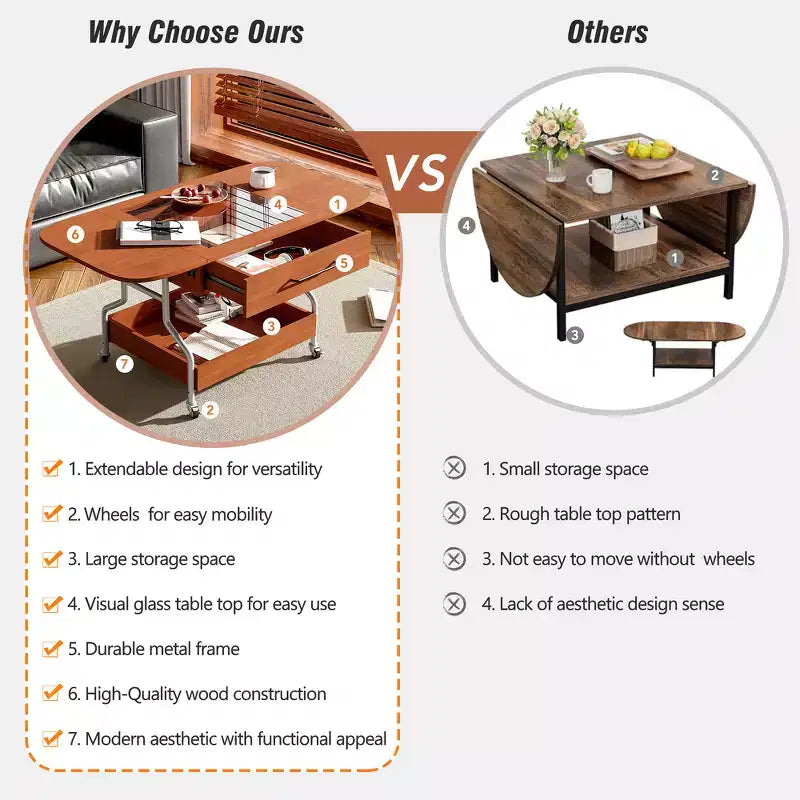 Zeus & Ruta Modern Folding Coffee Table with Wheels with 1 Drawer & 2-Tier Storage, Metal Frame for Living Room