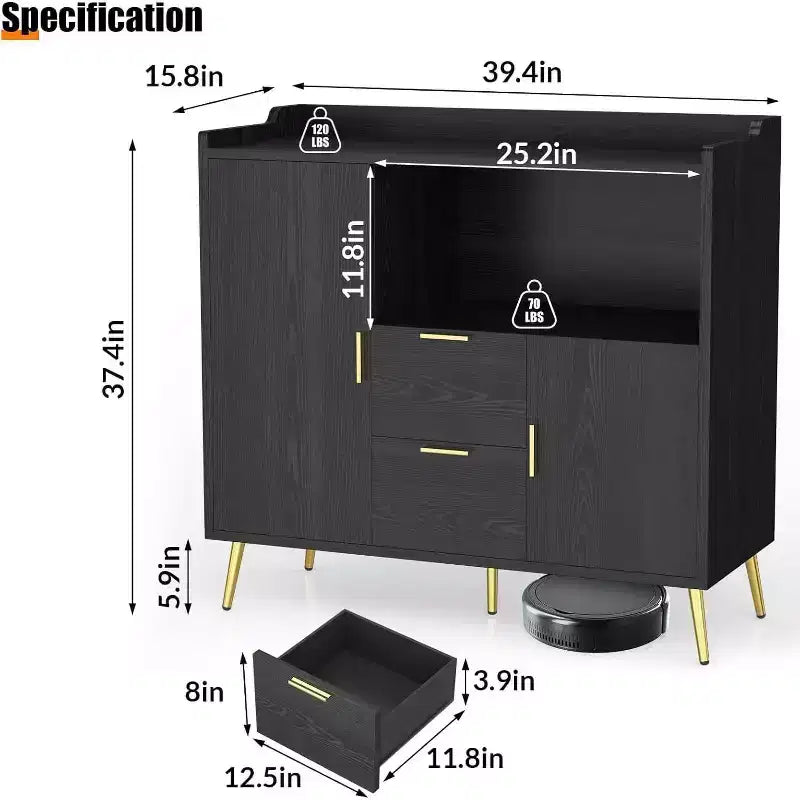 Modern Storage Cabinet, 2 Doors & 2 Drawers Sideboard Buffet, 39 Wide Compact Coffee Bar Station for Kitchen, Living Room, Dining Room