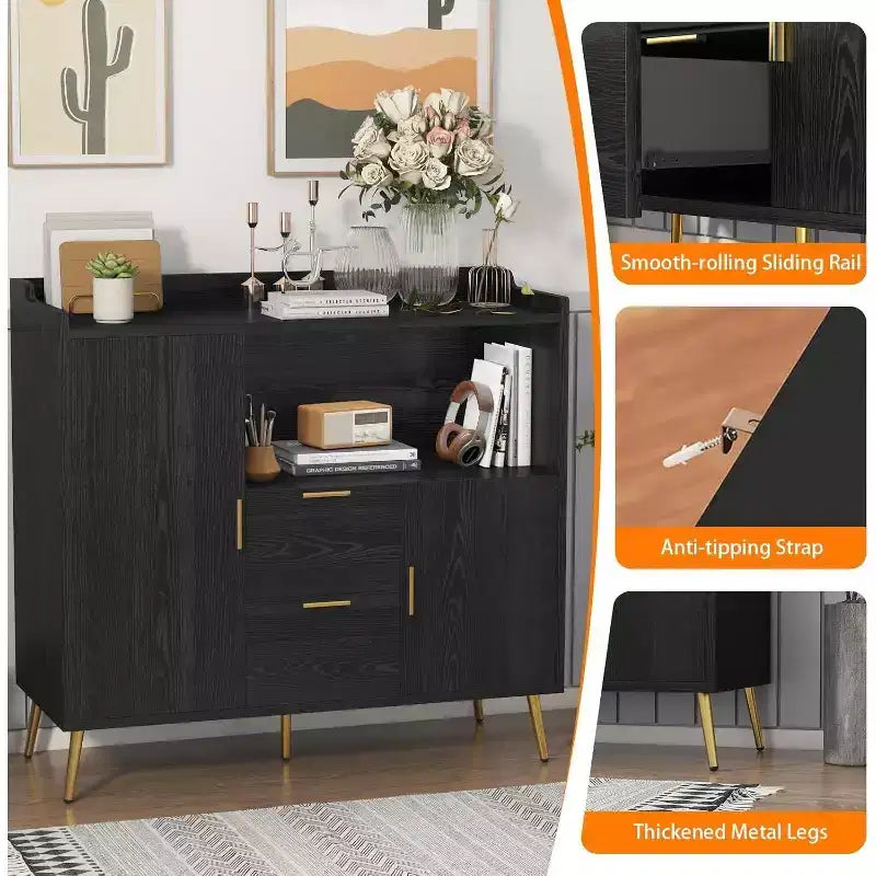 Modern Storage Cabinet, 2 Doors & 2 Drawers Sideboard Buffet, 39 Wide Compact Coffee Bar Station for Kitchen, Living Room, Dining Room