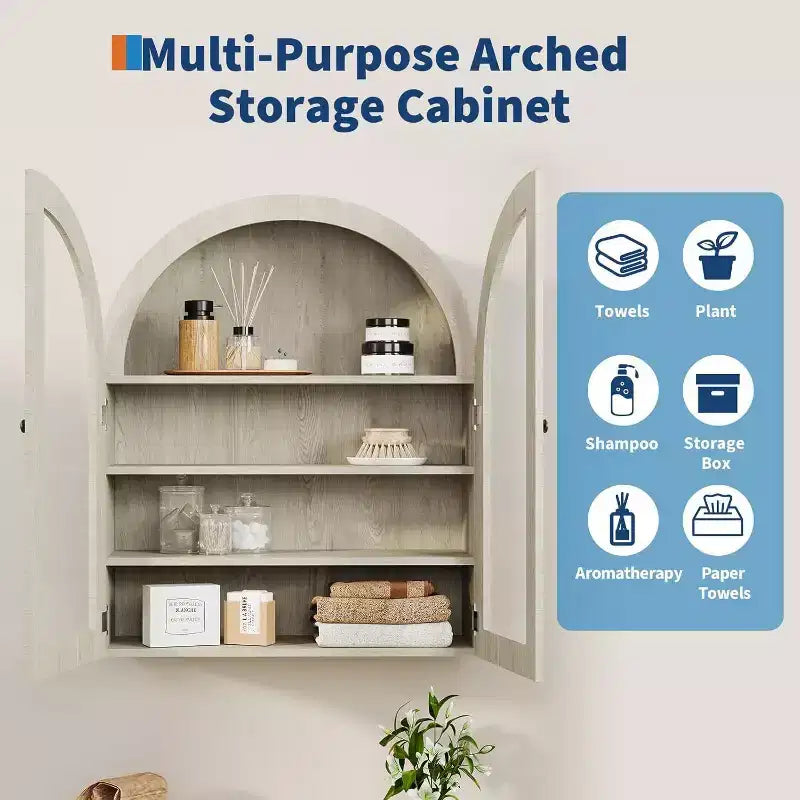 Wall Mounted Bathroom Cabinet with Glass Doors, Arched 4-Tier Storage Organizer, Adjustable Shelf Medicine Cabinet, 24W x 28H x 9D