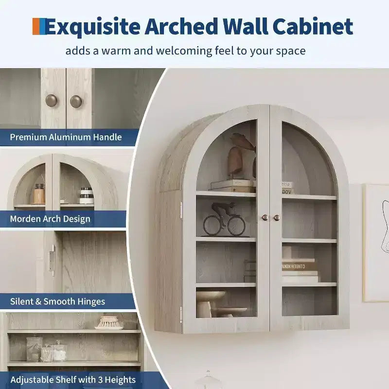 Wall Mounted Bathroom Cabinet with Glass Doors, Arched 4-Tier Storage Organizer, Adjustable Shelf Medicine Cabinet, 24W x 28H x 9D