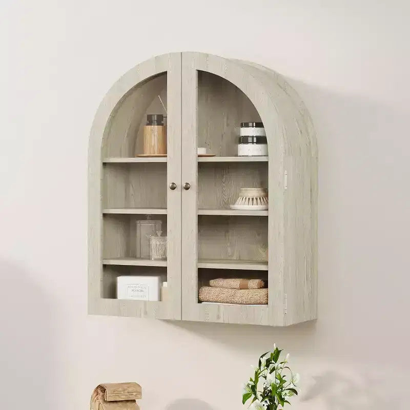Wall Mounted Bathroom Cabinet with Glass Doors, Arched 4-Tier Storage Organizer, Adjustable Shelf Medicine Cabinet, 24W x 28H x 9D