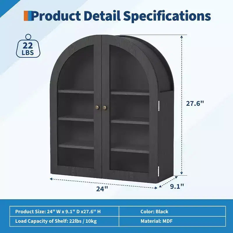 Wall Mounted Bathroom Cabinet with Glass Doors, Arched 4-Tier Storage Organizer, Adjustable Shelf Medicine Cabinet, 24W x 28H x 9D