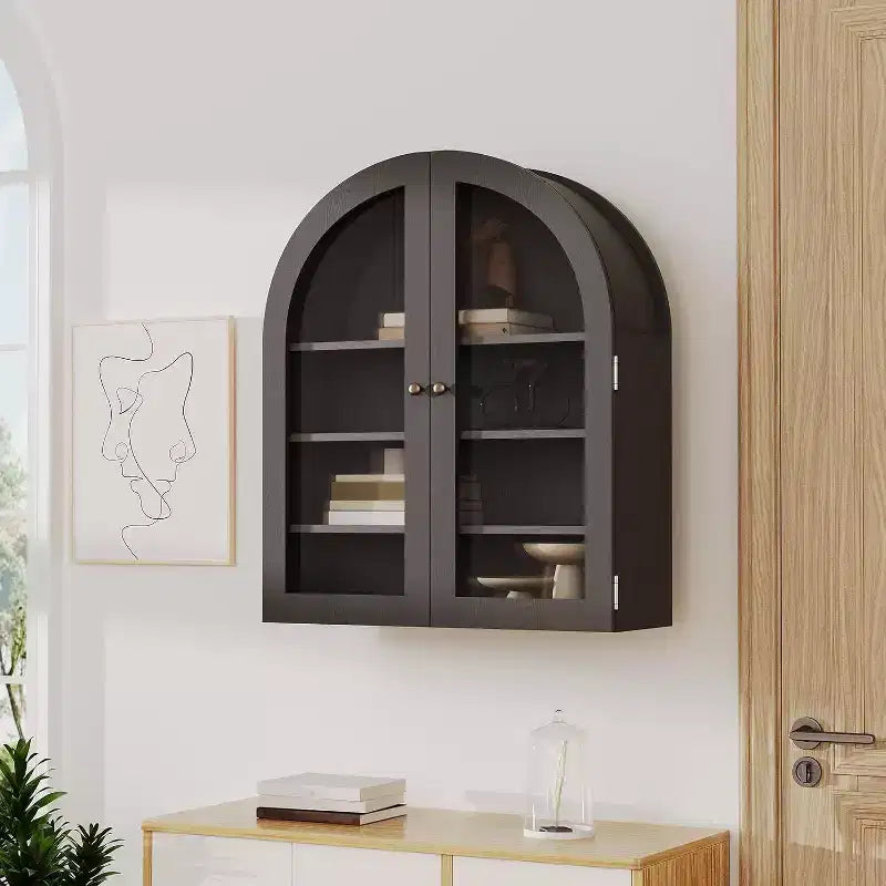 Wall Mounted Bathroom Cabinet with Glass Doors, Arched 4-Tier Storage Organizer, Adjustable Shelf Medicine Cabinet, 24W x 28H x 9D