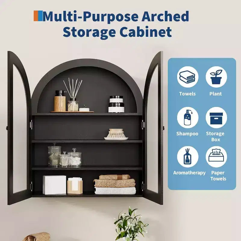 Wall Mounted Bathroom Cabinet with Glass Doors, Arched 4-Tier Storage Organizer, Adjustable Shelf Medicine Cabinet, 24W x 28H x 9D