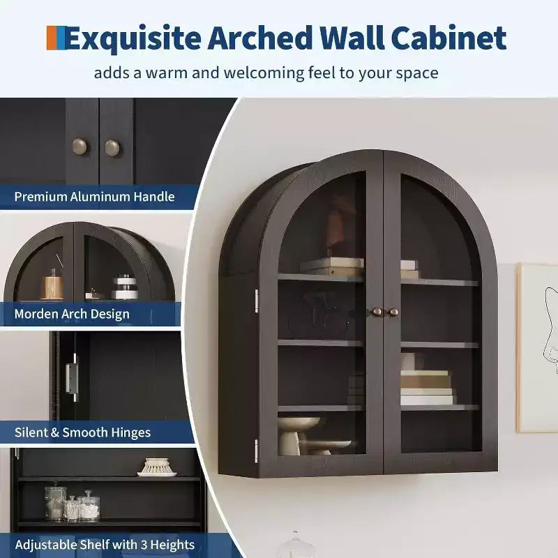 Wall Mounted Bathroom Cabinet with Glass Doors, Arched 4-Tier Storage Organizer, Adjustable Shelf Medicine Cabinet, 24W x 28H x 9D