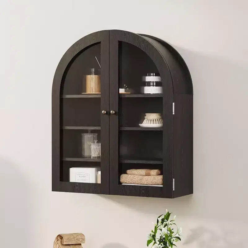 Wall Mounted Bathroom Cabinet with Glass Doors, Arched 4-Tier Storage Organizer, Adjustable Shelf Medicine Cabinet, 24W x 28H x 9D