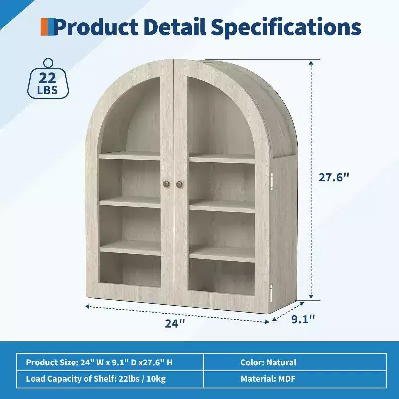 Wall Mounted Bathroom Cabinet with Glass Doors, Arched 4-Tier Storage Organizer, Adjustable Shelf Medicine Cabinet, 24W x 28H x 9D