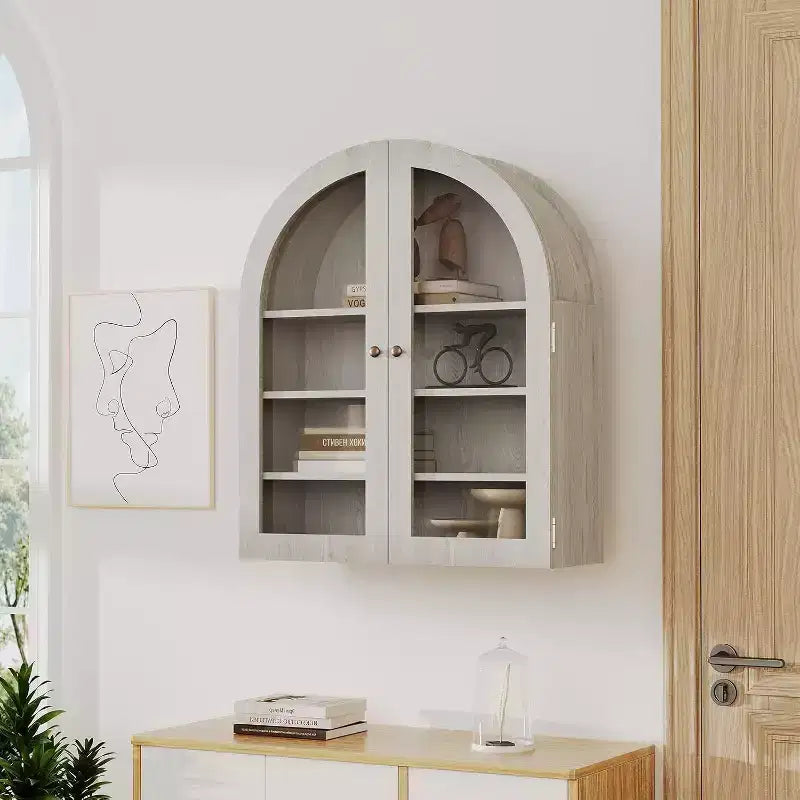 Wall Mounted Bathroom Cabinet with Glass Doors, Arched 4-Tier Storage Organizer, Adjustable Shelf Medicine Cabinet, 24W x 28H x 9D