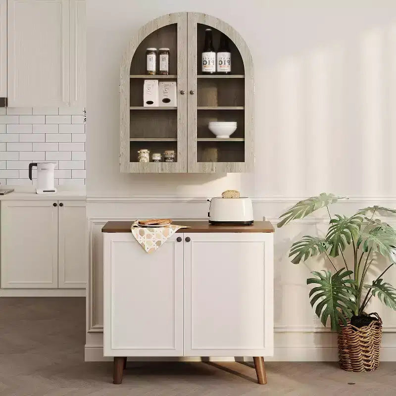 Wall Mounted Bathroom Cabinet with Glass Doors, Arched 4-Tier Storage Organizer, Adjustable Shelf Medicine Cabinet, 24W x 28H x 9D