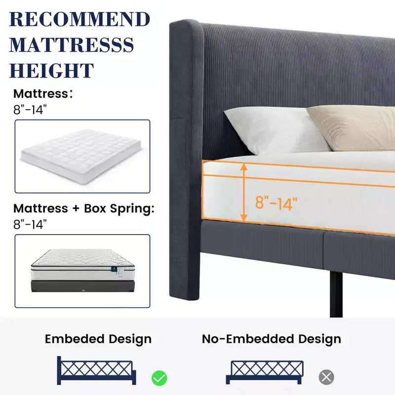 Bed Frame with Wingback Headboard, Velvet Upholstery Platform Bed,No Box Spring Needed