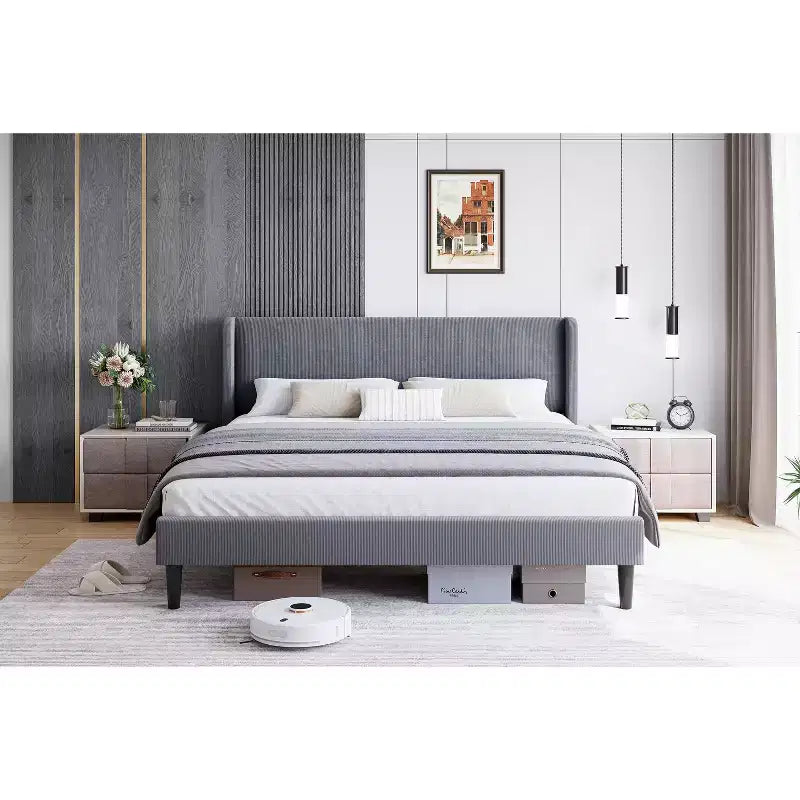 Bed Frame with Wingback Headboard, Velvet Upholstery Platform Bed,No Box Spring Needed