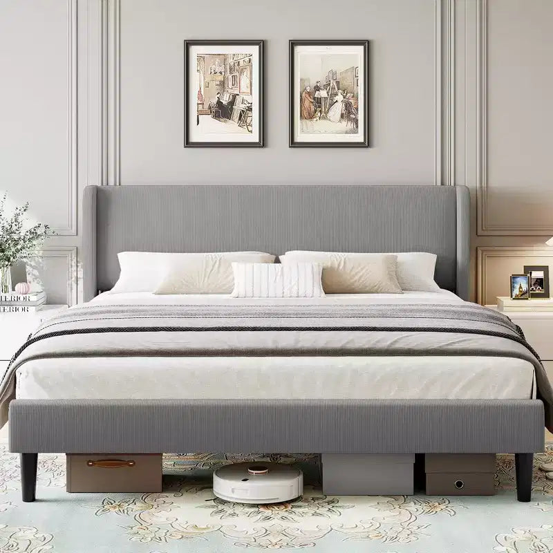 Bed Frame with Wingback Headboard, Velvet Upholstery Platform Bed,No Box Spring Needed