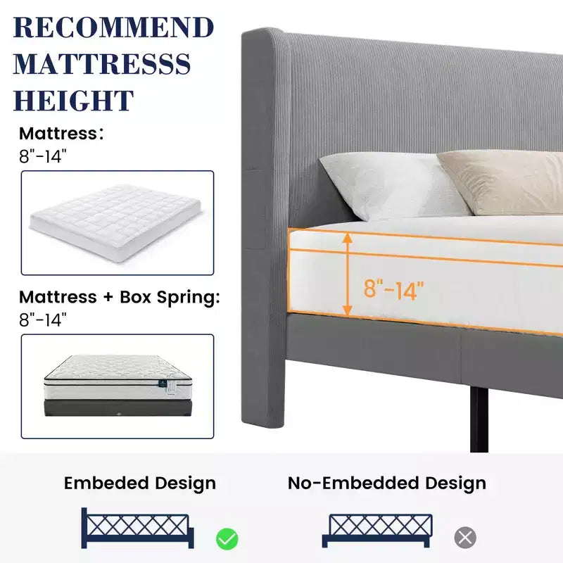 Bed Frame with Wingback Headboard, Velvet Upholstery Platform Bed,No Box Spring Needed