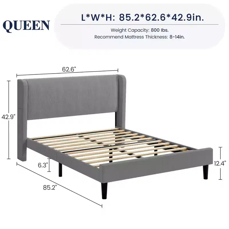 Bed Frame with Wingback Headboard, Velvet Upholstery Platform Bed,No Box Spring Needed