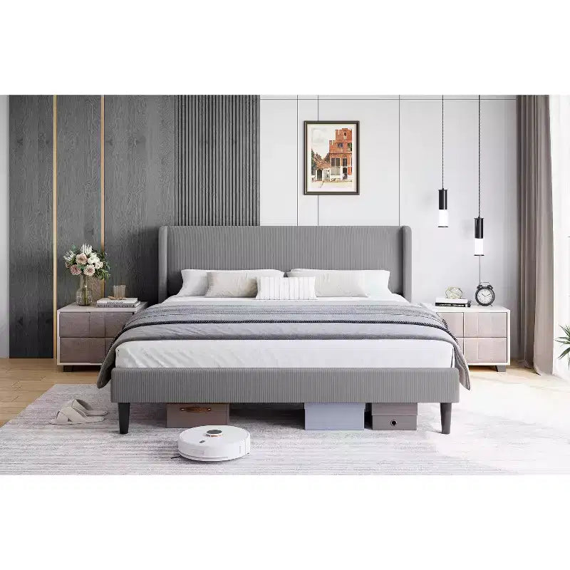 Bed Frame with Wingback Headboard, Velvet Upholstery Platform Bed,No Box Spring Needed
