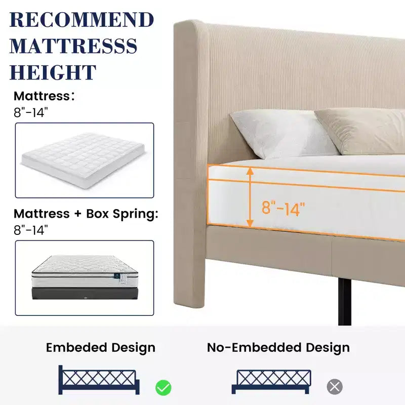 Bed Frame with Wingback Headboard, Velvet Upholstery Platform Bed,No Box Spring Needed