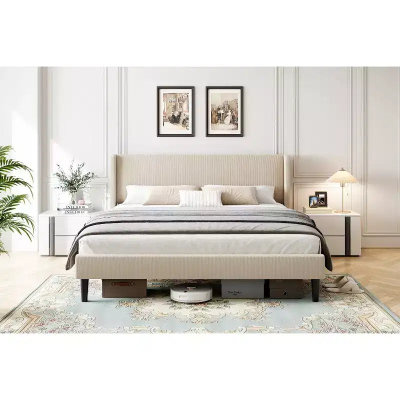 Bed Frame with Wingback Headboard, Velvet Upholstery Platform Bed,No Box Spring Needed
