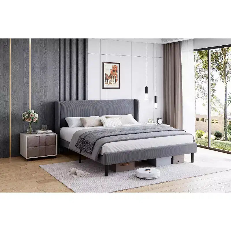 Bed Frame with Wingback Headboard, Velvet Upholstery Platform Bed,No Box Spring Needed
