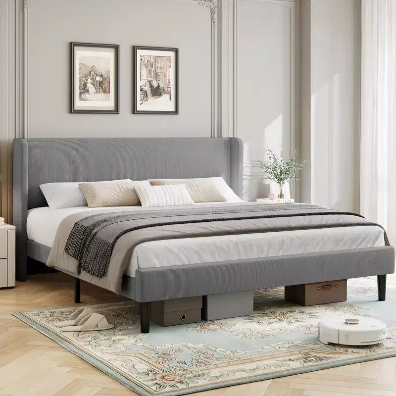 Bed Frame with Wingback Headboard, Velvet Upholstery Platform Bed,No Box Spring Needed