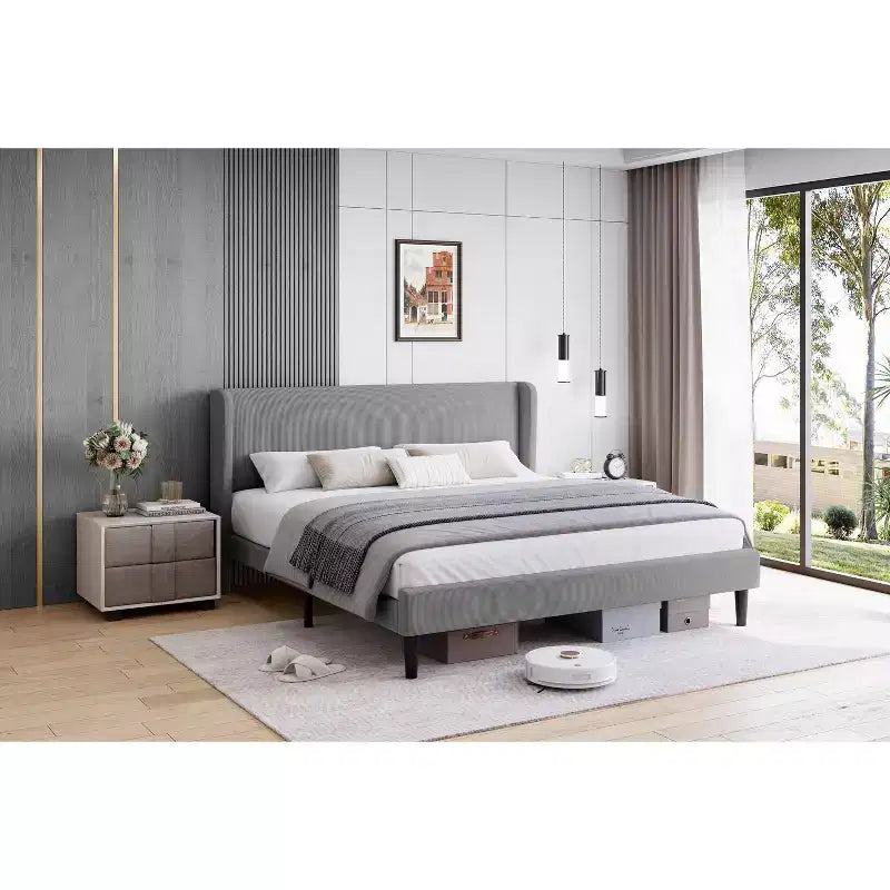 Bed Frame with Wingback Headboard, Velvet Upholstery Platform Bed,No Box Spring Needed