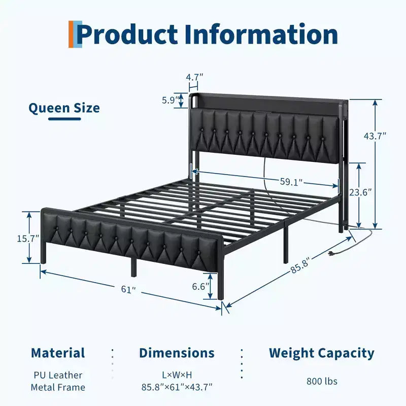 Bed Frame with PU Faux Leather, Button Headboard with Charging Station, All-Metal Full Platform Bed Frame with Storage,No Box Spring Needed