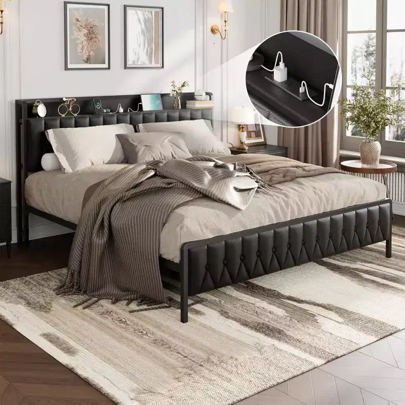 Bed Frame with PU Faux Leather, Button Headboard with Charging Station, All-Metal Full Platform Bed Frame with Storage,No Box Spring Needed