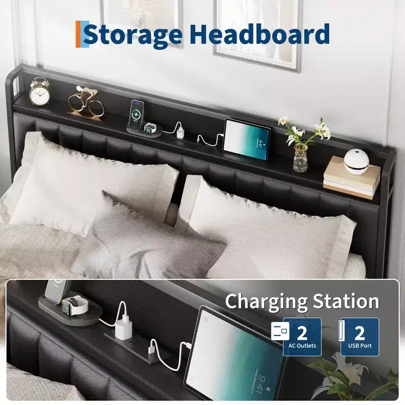 Bed Frame with PU Faux Leather, Button Headboard with Charging Station, All-Metal Full Platform Bed Frame with Storage,No Box Spring Needed