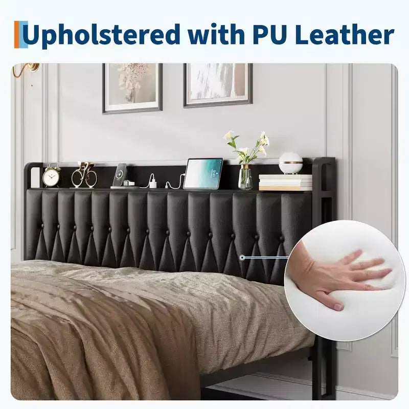 Bed Frame with PU Faux Leather, Button Headboard with Charging Station, All-Metal Full Platform Bed Frame with Storage,No Box Spring Needed