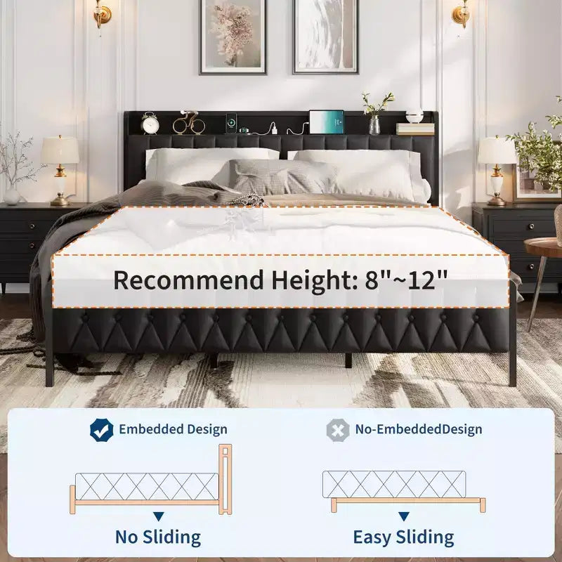 Bed Frame with PU Faux Leather, Button Headboard with Charging Station, All-Metal Full Platform Bed Frame with Storage,No Box Spring Needed