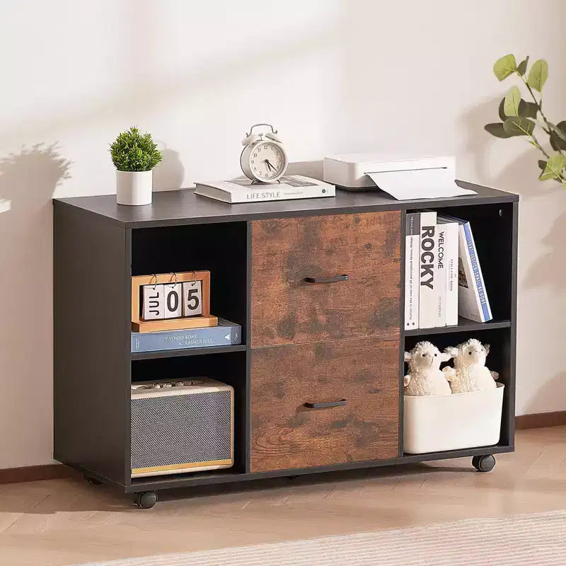 VEVOR 2 Drawer Wooden File Cabinet, Mobile Filing Cabinet with Open Shelves, Lateral Rolling File Storage with Lockable Wheels, Black