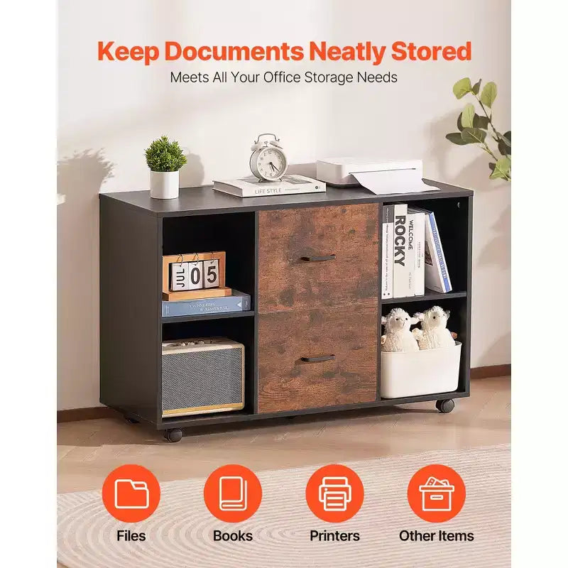 VEVOR 2 Drawer Wooden File Cabinet, Mobile Filing Cabinet with Open Shelves, Lateral Rolling File Storage with Lockable Wheels, Black