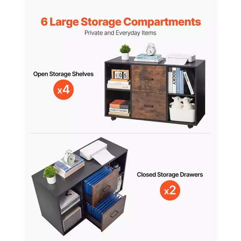 VEVOR 2 Drawer Wooden File Cabinet, Mobile Filing Cabinet with Open Shelves, Lateral Rolling File Storage with Lockable Wheels, Black