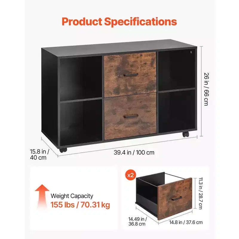VEVOR 2 Drawer Wooden File Cabinet, Mobile Filing Cabinet with Open Shelves, Lateral Rolling File Storage with Lockable Wheels, Black