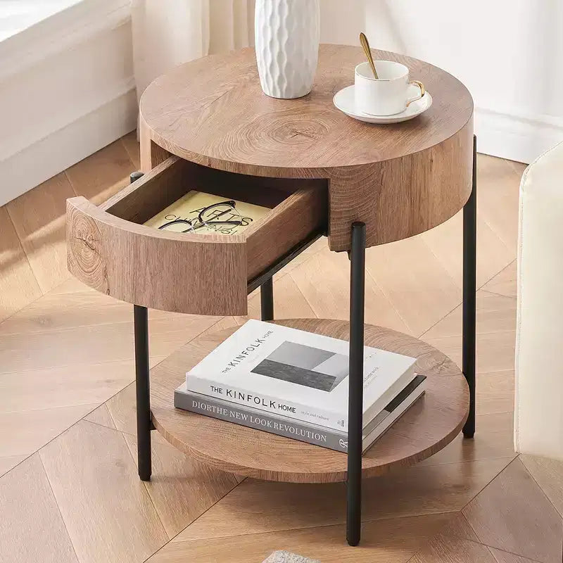 Side Table, Round End Table with Drawer & Storage Shelves, Wooden Bedside Table, Accent Coffee Table for Living Room, Bedroom