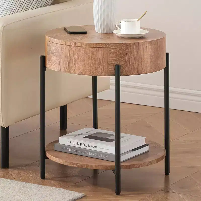 Side Table, Round End Table with Drawer & Storage Shelves, Wooden Bedside Table, Accent Coffee Table for Living Room, Bedroom