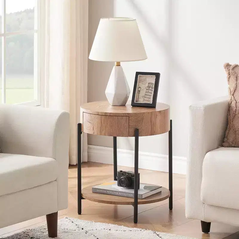 Side Table, Round End Table with Drawer & Storage Shelves, Wooden Bedside Table, Accent Coffee Table for Living Room, Bedroom