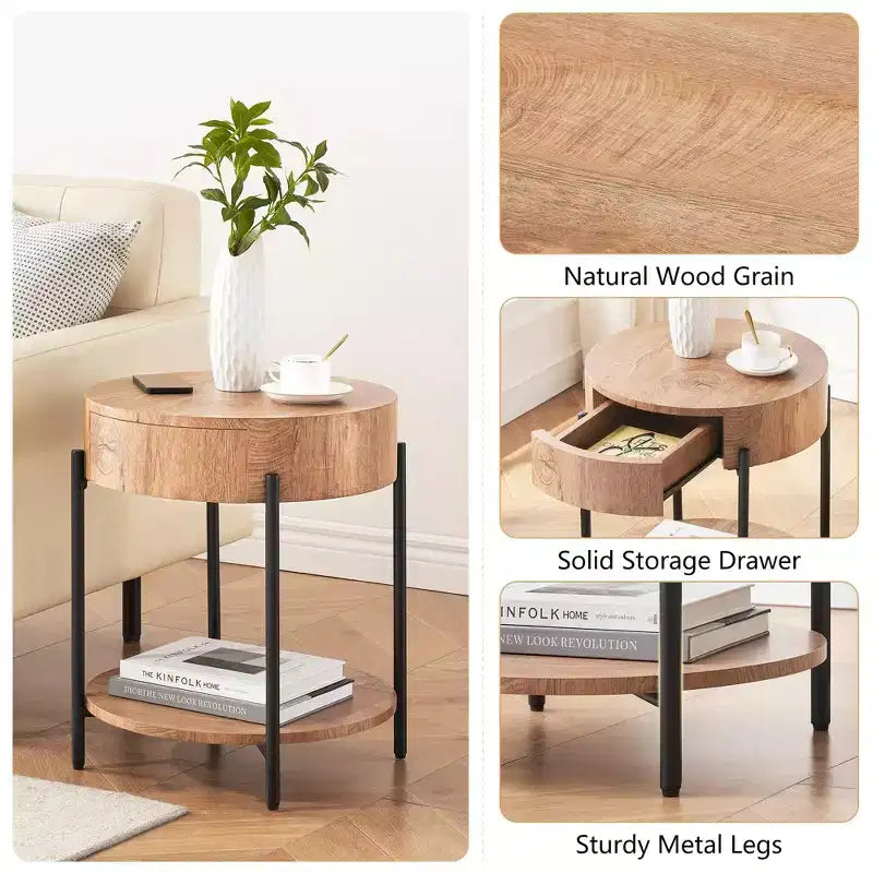 Side Table, Round End Table with Drawer & Storage Shelves, Wooden Bedside Table, Accent Coffee Table for Living Room, Bedroom