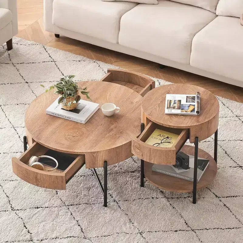 Side Table, Round End Table with Drawer & Storage Shelves, Wooden Bedside Table, Accent Coffee Table for Living Room, Bedroom