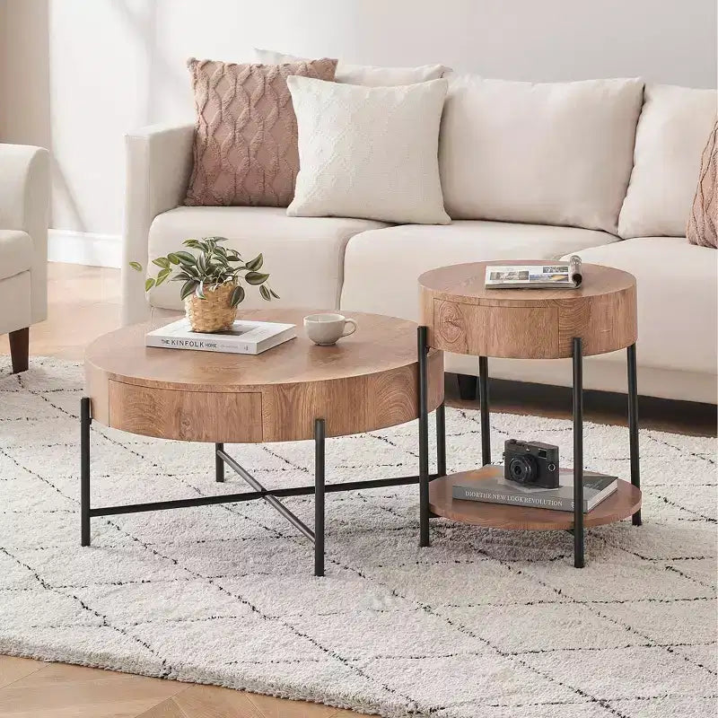 Side Table, Round End Table with Drawer & Storage Shelves, Wooden Bedside Table, Accent Coffee Table for Living Room, Bedroom
