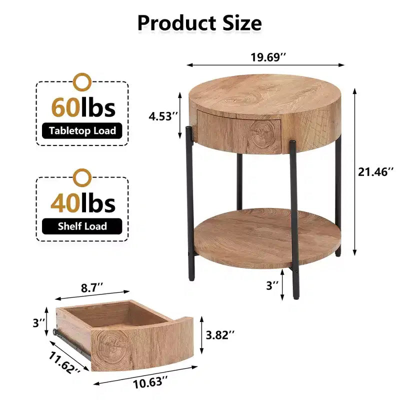 Side Table, Round End Table with Drawer & Storage Shelves, Wooden Bedside Table, Accent Coffee Table for Living Room, Bedroom