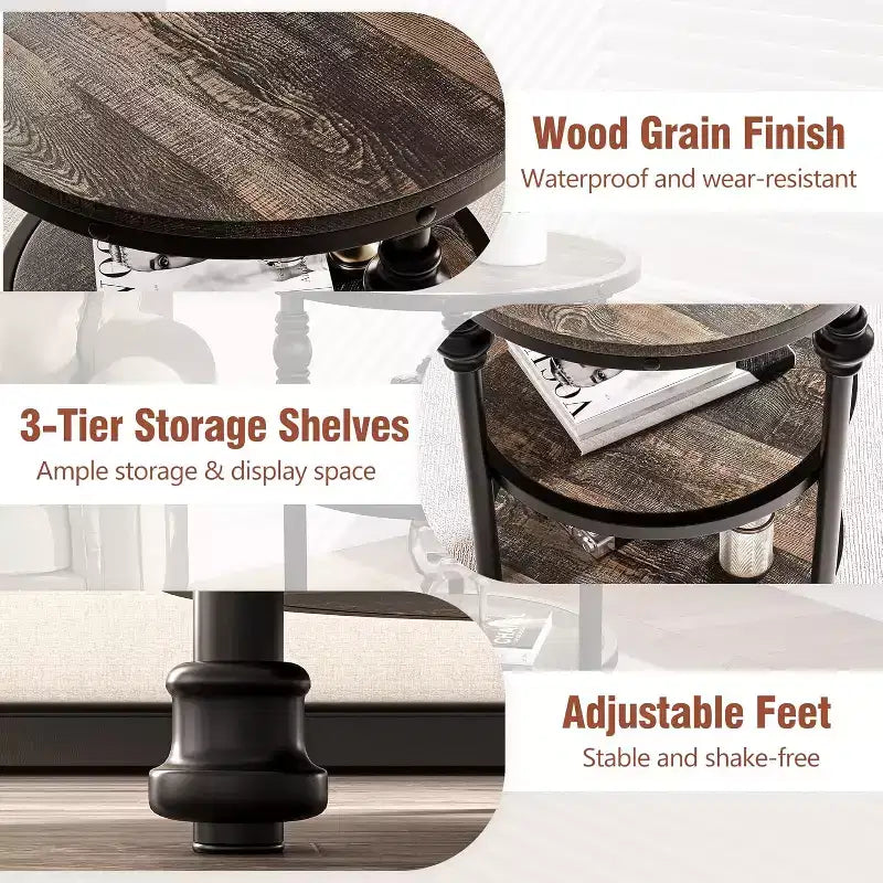 Round End Table, Small Accent Table with 3 Tier Storage Shelves, Farmhouse Wood Side Table, Metal Frame Industrial Night Stand