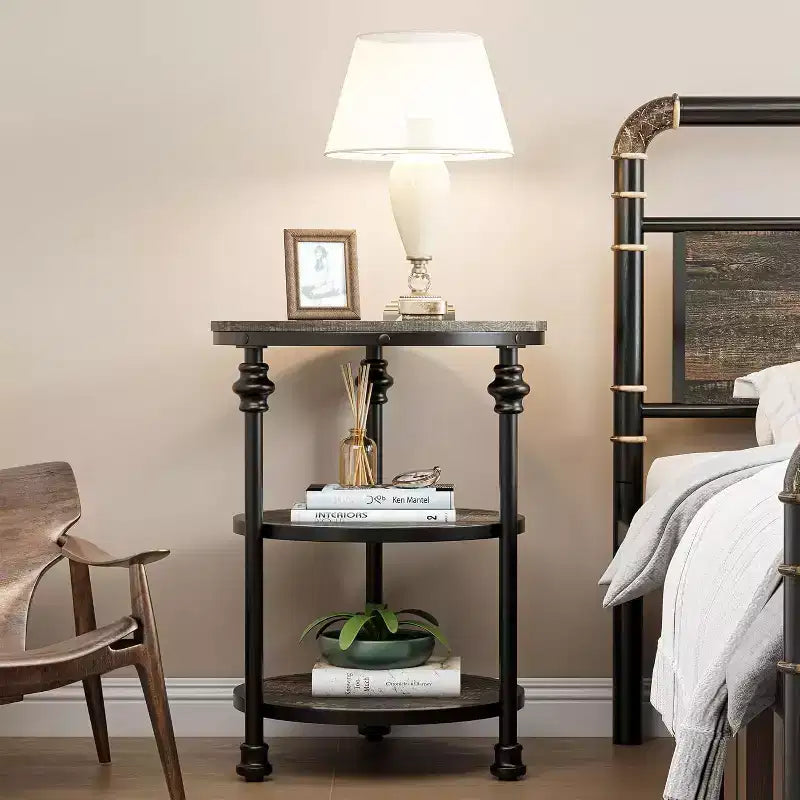 Round End Table, Small Accent Table with 3 Tier Storage Shelves, Farmhouse Wood Side Table, Metal Frame Industrial Night Stand
