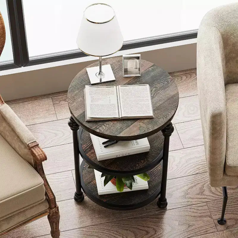 Round End Table, Small Accent Table with 3 Tier Storage Shelves, Farmhouse Wood Side Table, Metal Frame Industrial Night Stand