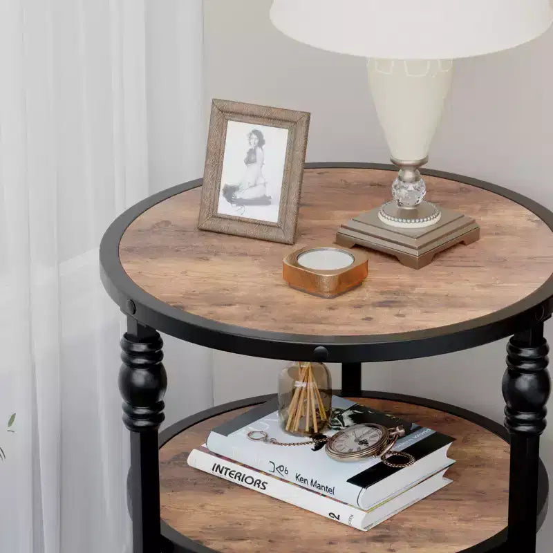 Round End Table, Small Accent Table with 3 Tier Storage Shelves, Farmhouse Wood Side Table, Metal Frame Industrial Night Stand