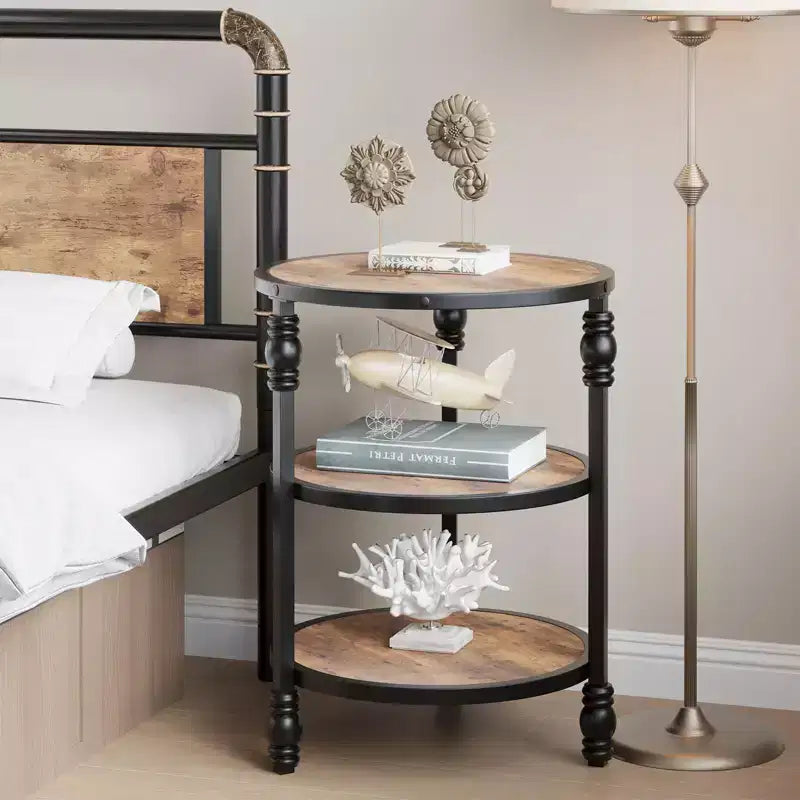 Round End Table, Small Accent Table with 3 Tier Storage Shelves, Farmhouse Wood Side Table, Metal Frame Industrial Night Stand