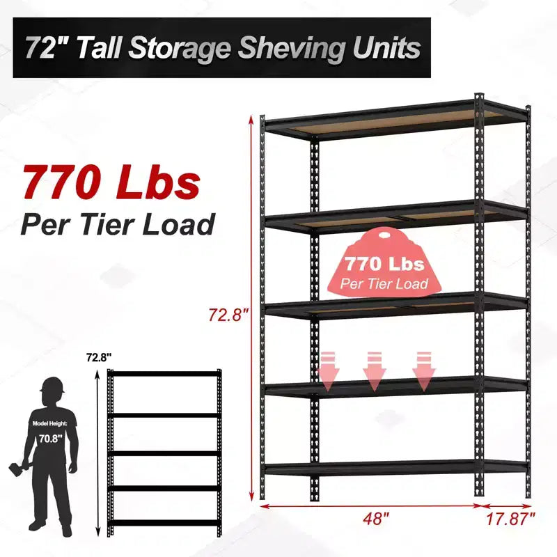 Storage Shelves, 5 Tier Heavy Duty Metal Utility Shelving Unit 48x18x73 Inch - Adjustable Rack for Garage Kitchen