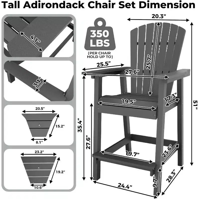 2pcs Outdoor Bar Height Adirondack Chairs with Connecting Tray, Balcony Chairs for Deck, Backyard, Outdoor Tall Adirondack Chairs Weather Resistant