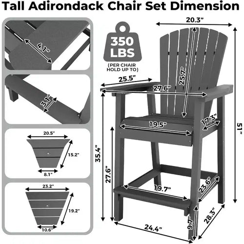 2pcs Outdoor Bar Height Adirondack Chairs with Connecting Tray, Balcony Chairs for Deck, Backyard, Outdoor Tall Adirondack Chairs Weather Resistant