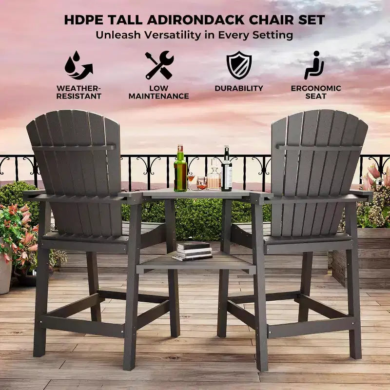 2pcs Outdoor Bar Height Adirondack Chairs with Connecting Tray, Balcony Chairs for Deck, Backyard, Outdoor Tall Adirondack Chairs Weather Resistant